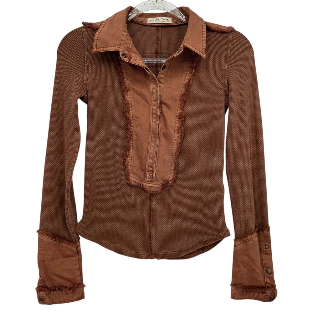 Free People We The Free Snap Henley Top Cuffs Thermal Women SZ XS Brown Western